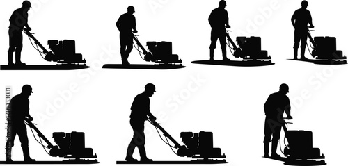Floor cleaning machine operator, silhouette illustration set, janitorial equipment poses, industrial maintenance concept, black worker icons, posture variation sequence