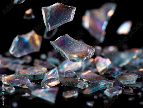 close-up view of mirror glass crystal pieces, iridescent  broken pieces floating on black background 