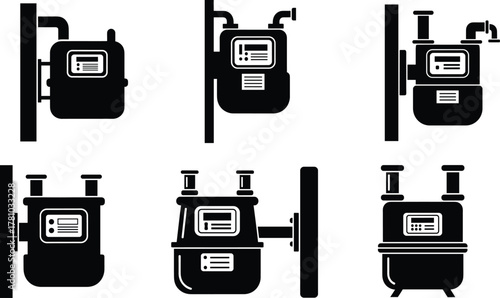 Gas meter icon set, utility equipment illustration, industrial pipeline symbols, energy monitoring tools, black and white technical drawing, engineering schematic