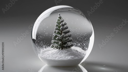 Snow globe featuring a decorated evergreen tree surrounded by falling snowflakes, captured in a smooth dolly motion, enhancing the festive atmosphere and visual appeal