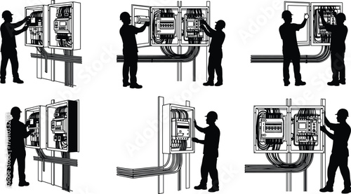 Control panel silhouettes, technical interaction, maintenance poses, inspection, repair, installation, wiring detail, black figures, engineering illustration, industrial scene