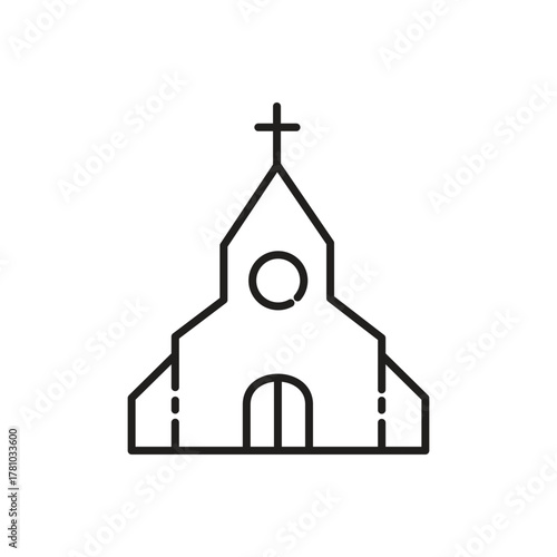 A black line drawing of a church building with a cross atop its roof
