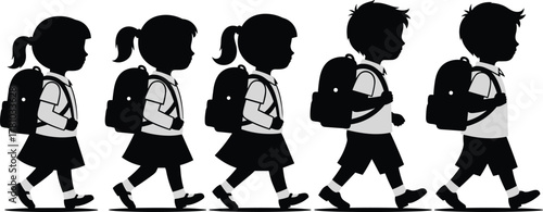 School children walking, kids with backpacks, student group, education theme, childhood routine, silhouette figures, motion, unity, flat vector illustration