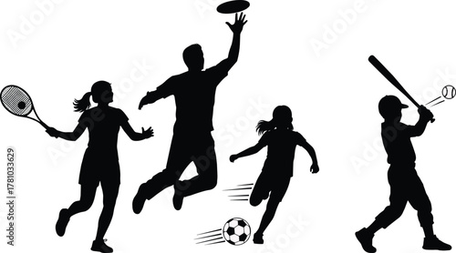 Sports silhouettes, tennis, soccer, baseball, frisbee, athletic motion, physical activity, dynamic poses, outdoor play, flat vector illustration