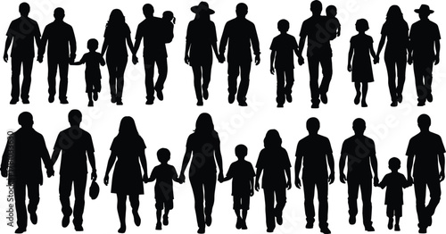Family walking groups, parents and children, silhouette figures, holding hands, unity, care, love, support, motion, flat vector illustration