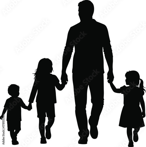 Family walking together, parent with children, unity and care, silhouette people, black vector art, flat design, isolated, white background
