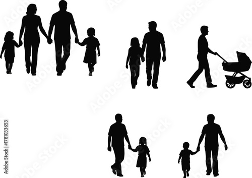 Family walking, parent child, stroller silhouette, bonding time, outdoor activity, group motion, love, care, unity, flat vector illustration