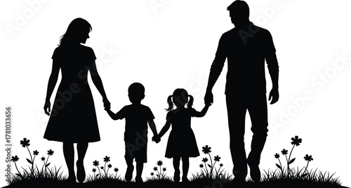 Family walking together, parents and children, outdoor scene, grassy field, unity and love, silhouette figures, bonding moment, flat vector illustration