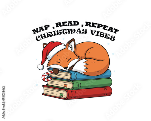 A fox wearing a santa hat is napping on books with christmas vibes