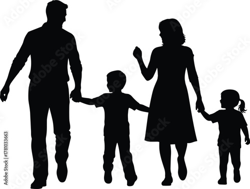 Family walking together, parents with children, unity and love, black silhouette, flat vector, isolated design, white background, caring bond