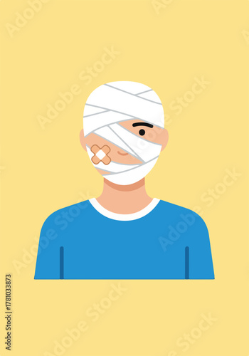 Bandaged face of an injured patient in a hospital gown. Medical treatment and recovery concept. Simple flat design character graphic