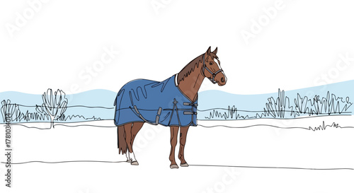A brown horse wearing a blue blanket in a snowy winter field. Minimalist continuous line art drawing. Equestrian animal care concept