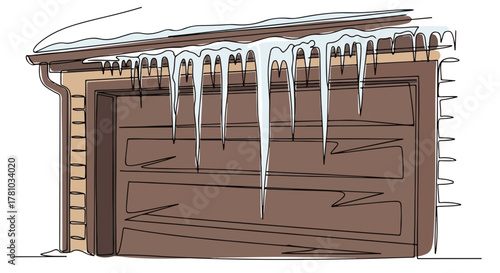 A garage door with icicles in a winter scene. Continuous single line drawing of a frozen home exterior. Minimalist graphic of snow and ice on a roof