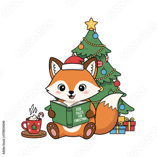A cute fox reading christmas tales by the christmas tree, enjoying hot cocoa