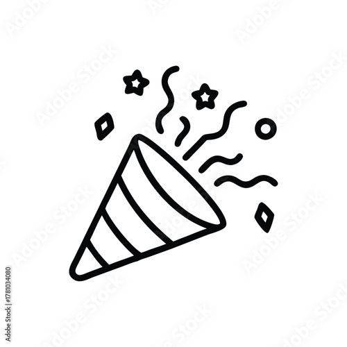 A blacklined icon of a party popper Streamers stars and shapes are erupting from the cone