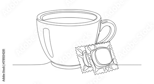 Continuous one-line drawing of a cup and a throat lozenge. Minimalist line art for cold, flu, and winter sickness concepts. Soothing hot drink and medicine symbol