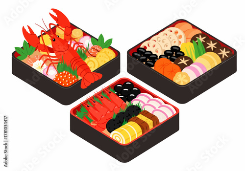 Isometric vector illustration of Osechi Ryori, traditional Japanese New Year foods arranged in three lacquered tier boxes featuring lobster and assorted delicacies isolated on a white background