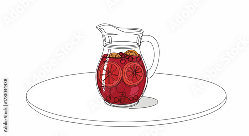 A glass pitcher of festive cranberry punch. Minimalist line art drawing with fruit slices. Holiday beverage concept isolated on a white background