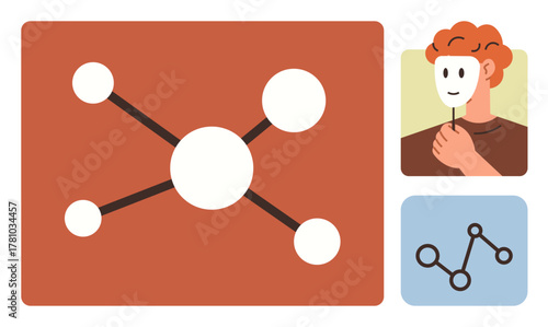 Network diagram with central node linked to others, person holding mask, and network icon. Ideal for communication, identity, collaboration, anonymity, social networks, interaction simple flat