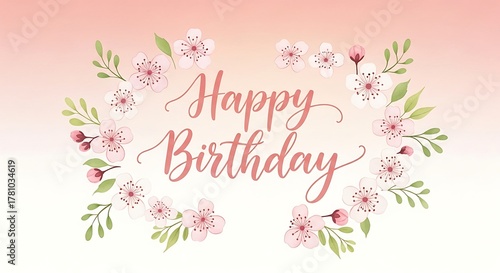 Happy birthday greeting with delicate pink cherry blossoms and green leaves on a soft gradient background