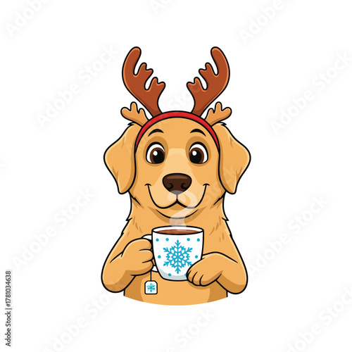Golden retriever wearing reindeer antlers and holding a mug of tea, perfect for christmas and winter designs