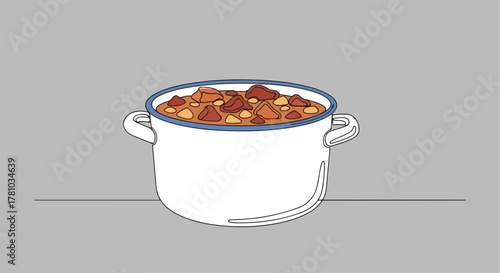 Hearty beef stew in an enamel pot. Minimalist one-line art drawing. Home cooking and comfort food concept graphic