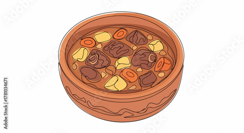 Hearty meat and vegetable stew in a clay bowl. Continuous single line art drawing. Traditional winter comfort food concept for a menu