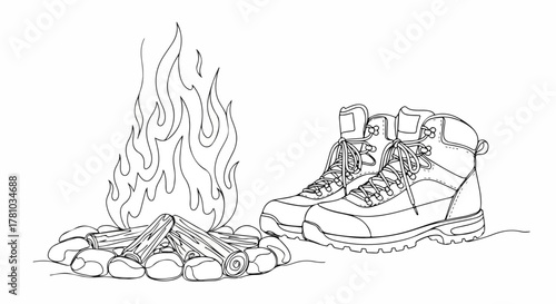 Hiking boots drying by a campfire line art. Outdoor camping and adventure concept. Hand-drawn sketch for a coloring book