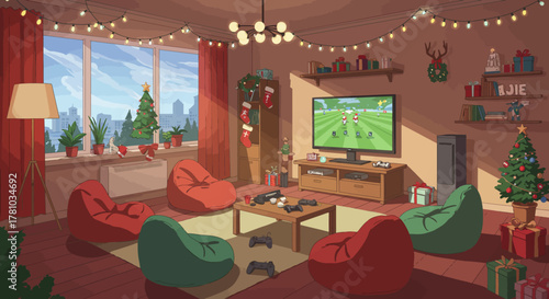 Cozy living room decorated for Christmas with a video game setup ready for friends.