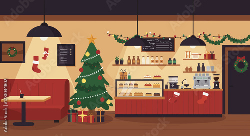 Cozy Christmas Coffee Shop Interior with Festive Decorations.