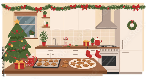 Cozy kitchen interior decorated for Christmas with a tree and gingerbread cookies.