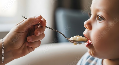 Close-up of a baby being fed by an adult, capturing a tender moment of early childhood nutrition and care.