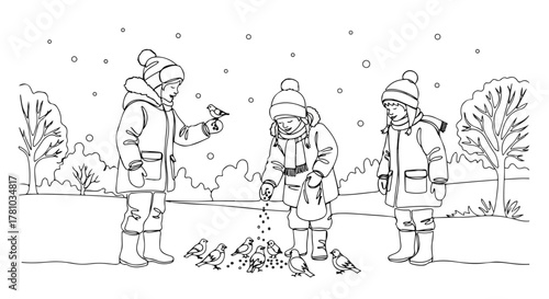 Three children feeding birds in a snowy winter park. Continuous line art for a coloring book page. Minimalist black and white drawing