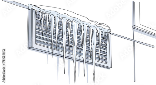 Icicles hanging from a frozen air vent covered in snow. Winter weather and home HVAC maintenance concept. Line art drawing isolated on a white background