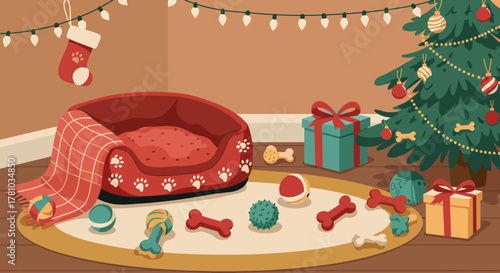 Festive Pet Christmas Corner with Red Dog Bed Toys Gifts and Decorated Tree.