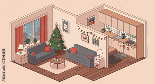Cozy Christmas Apartment Interior with Festive Decorations.