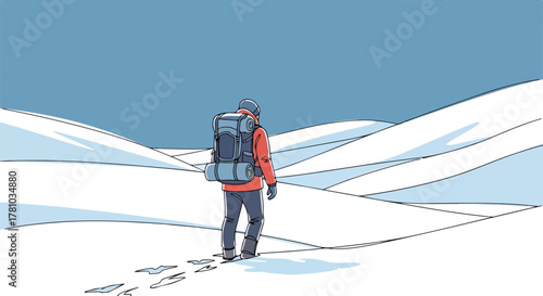 A lone backpacker hiking through snowy hills. Winter travel and adventure concept. Minimalist line art with flat color design