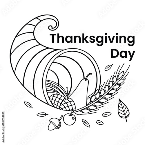 Thanksgiving Day cornucopia with fruits grains and leaves outline horn of plenty black and white