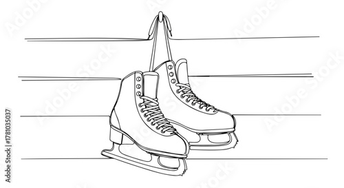 A pair of figure skates in a continuous line art style. Minimalist winter sports icon. Simple outline drawing