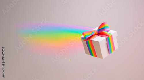 Christmas gift box with rainbow ribbon floating in the air leaving a trail of colors: concept of diversity and joy