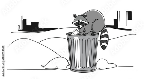 Mischievous raccoon rummaging in a trash bin. Continuous one-line art drawing of urban wildlife in a snowy city. Minimalist cartoon character design