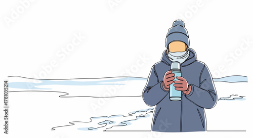 Person holding a thermos in the snow. Continuous one-line art drawing of someone in winter clothes. Cold weather concept graphic