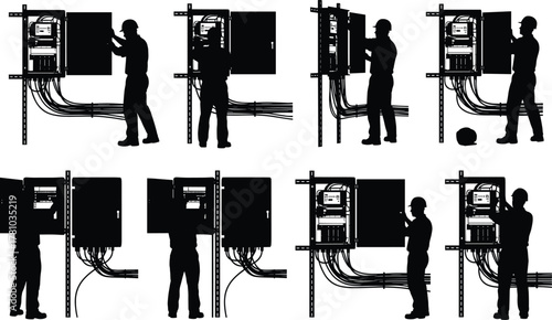Industrial control panel silhouettes, technician interaction, electrical maintenance, inspection poses, black figures, wiring detail, safety procedure, engineering illustration