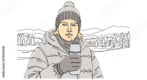 A person in winter clothes holding a thermos. Continuous line art drawing of an outdoor adventure in a snowy mountain landscape