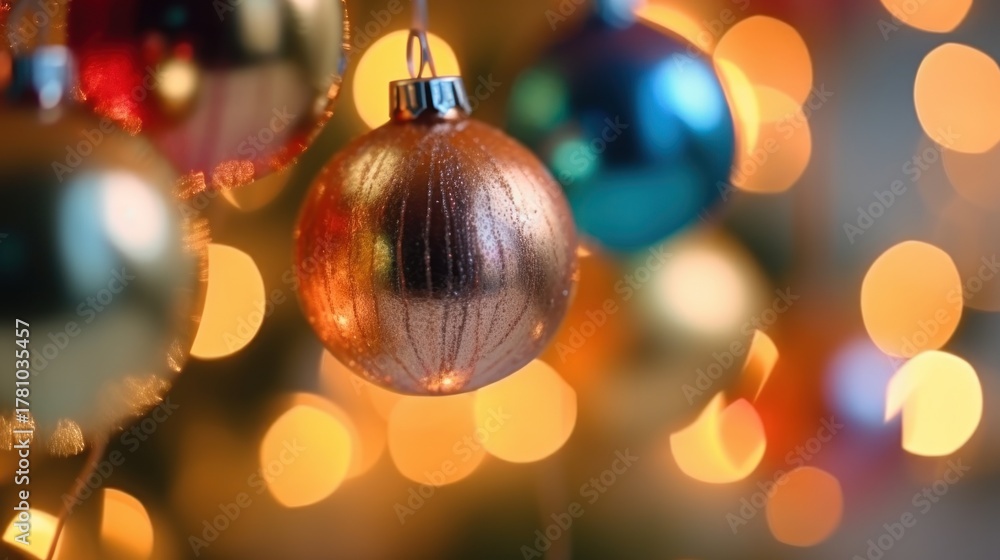 Fototapeta premium Colorful christmas ornaments on bokeh background. Christmas Baubles. Christmas. Merry Christmas Concept. Happy New Year Concept.