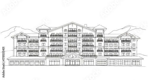 Architectural drawing of a mountain resort hotel. Minimalist line art of a winter chalet facade. Hospitality and real estate graphic