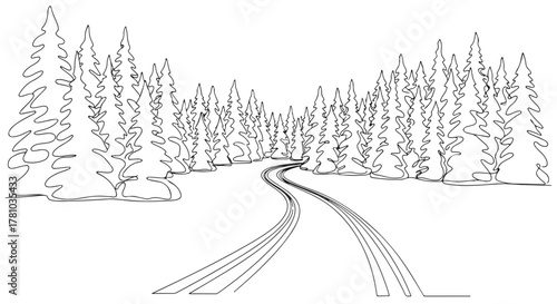 Winter forest landscape in a continuous line art style. Sleigh tracks on a snowy road through pine trees. Minimalist black and white drawing