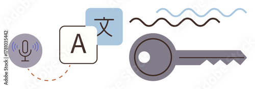 Microphone for speech, language text boxes, wavy lines, and a key symbolize translation, interpretation, and accessibility. Ideal for communication, technology, globalization learning linguistics
