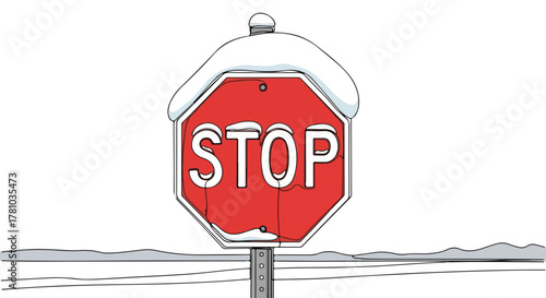 A snow covered stop sign in a continuous one line drawing style. Winter road safety and traffic regulation concept. Minimalist flat design graphic