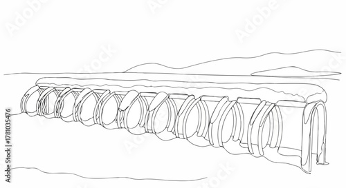 A snow-covered bicycle rack in a winter scene. Minimalist one-line art drawing. Simple urban landscape sketch isolated on white background